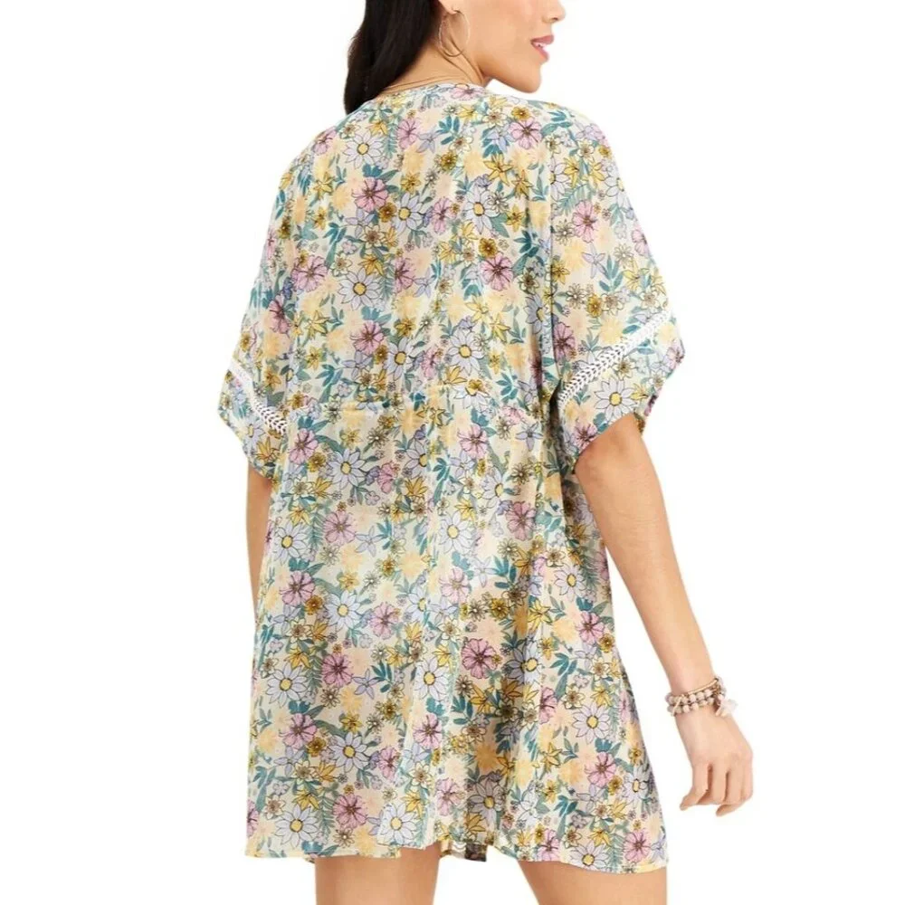 Miken S Kimono Swim Cover up Angora Lavender Retro Floral Eyelet Lace Swimwear